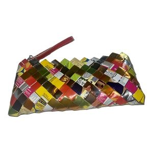 Nahui Ollin Candy Wrapper Bag Clutch Wristlet Strap Multicolor Woven Purse